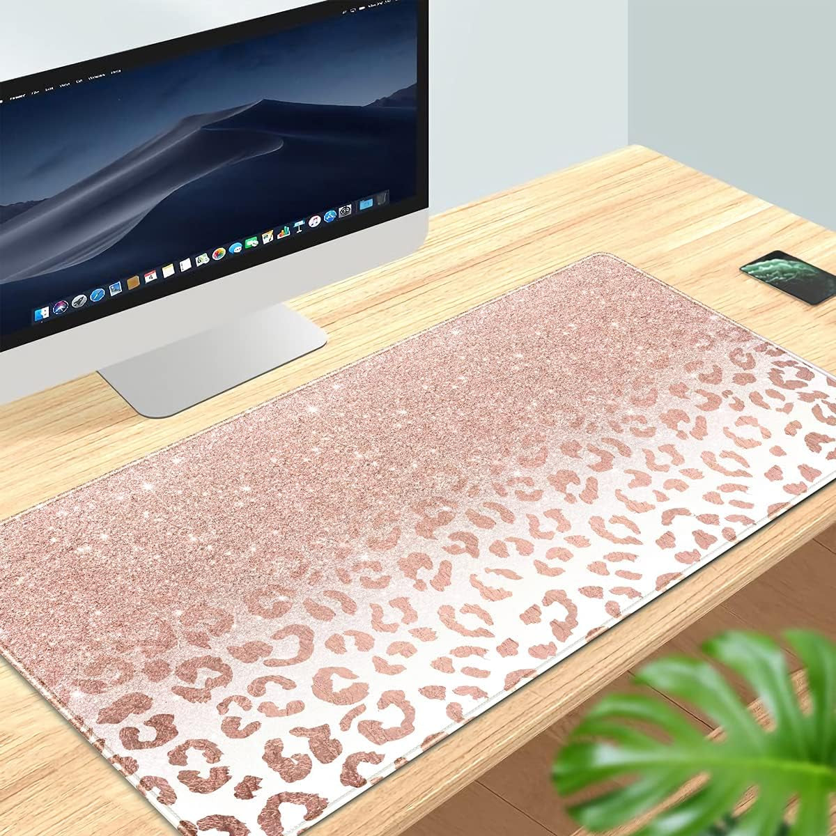 Desk Mat XXL Mouse Pad, Pink Rose Gold Leopard Print Office Supplies and Accessories Decor for Women 31.5X15.75In,Stitched Edges Smooth Non-Slip Bottom, Large Pad