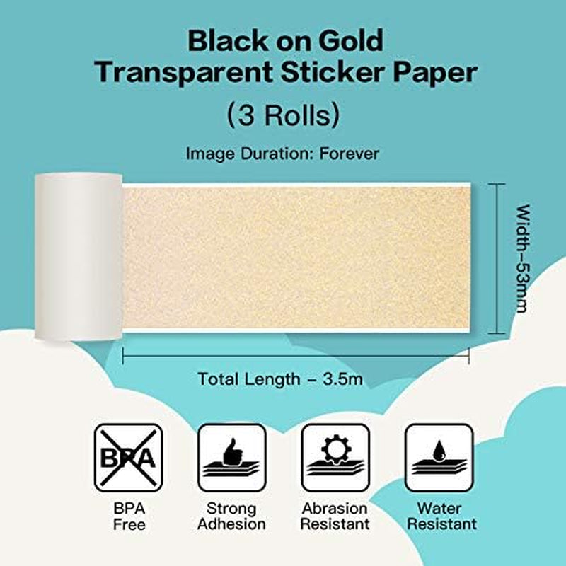 Adhesive Transparent Gold Thermal Paper for  M02/M02 Pro/M02S/M03 Mini Pocket Printer 50Mm X 3.5M, Diameter 30Mm, 3 Rolls